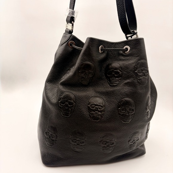 Iopelle Leather Skull Embossed Bucket Bag Drawstring Shoulder Strap - Picture 4 of 12